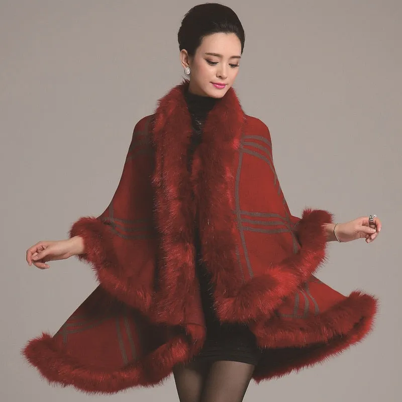 Women's Winter Casual O-Neck Poncho With Faux Rabbit Fur