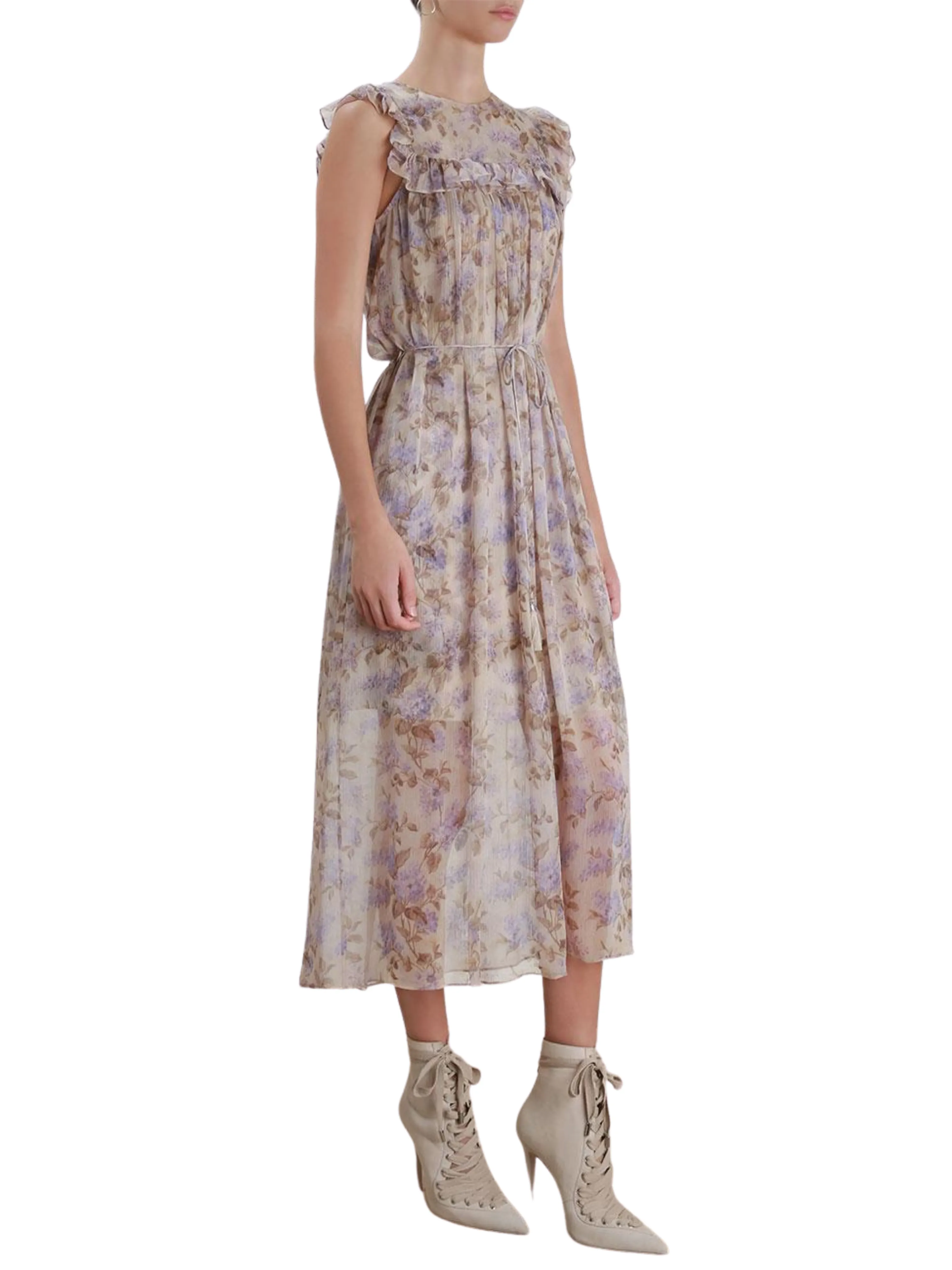 ZIMMERMANN - STRANDED BIB FLORAL MIDI DRESS - SZ 2